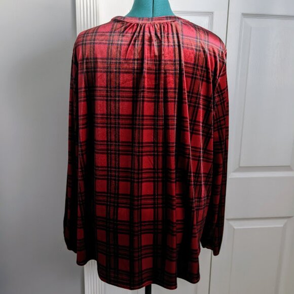 Intro Red Christmas Tartan Plaid Velvet Velour Popover Blouse XL NEW Festive - Picture 2 of 6